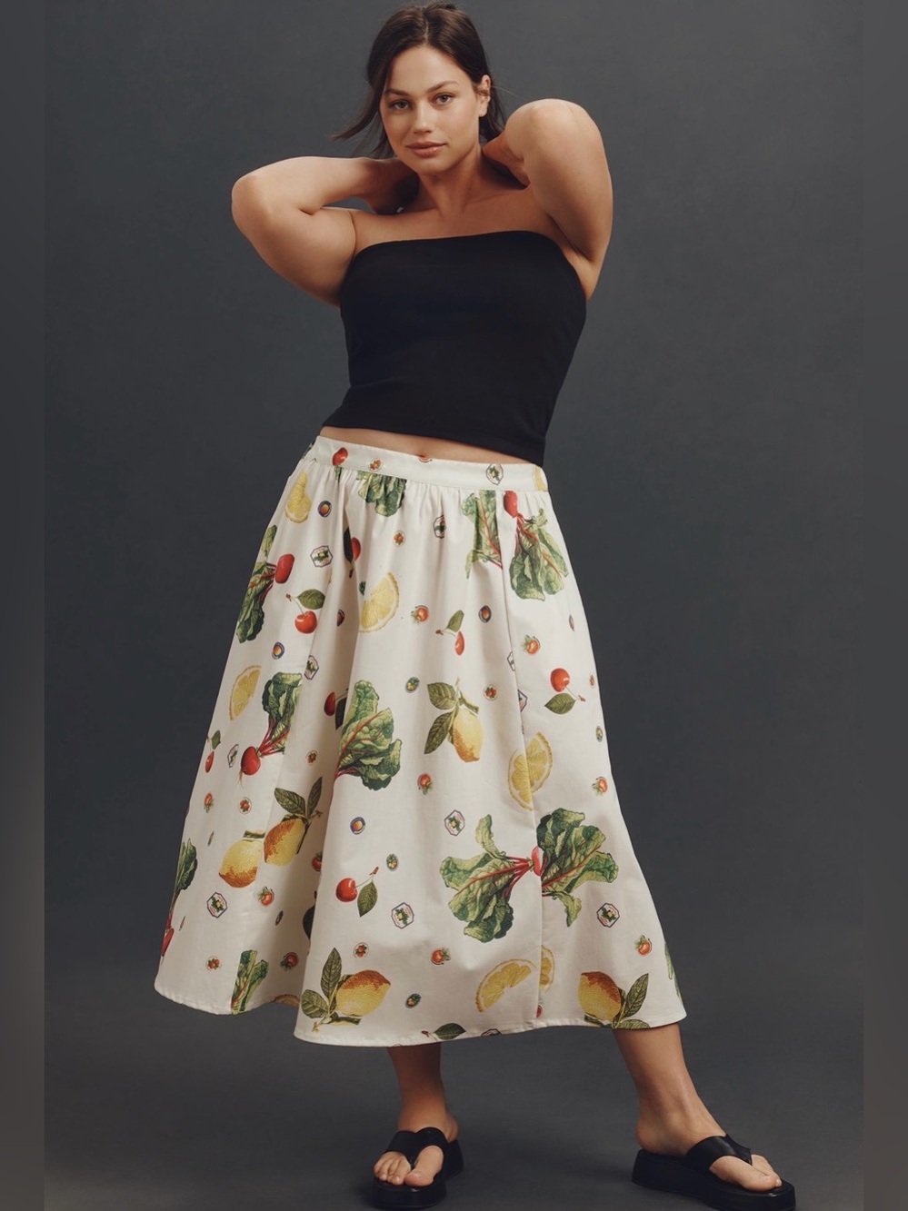 MAEVE The Jacie Poplin Printed Midi Skirt Fruit & Veggies XL